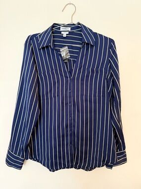 Express Navy and White Vertical Stripe Button-Down Blouse